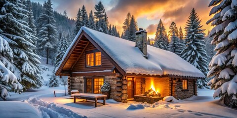 Fototapeta premium Winter Wonderland Cabin with Cozy Fireplace, Snow Covered Forest, Sunset, Winter, Cabin, Sunset