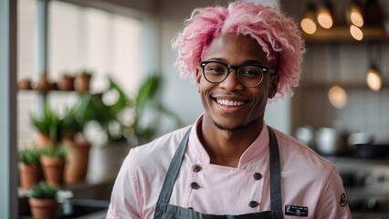Obraz premium A young African-American man, a chef with pink curly hair, smiles in the kitchen of a restaurant