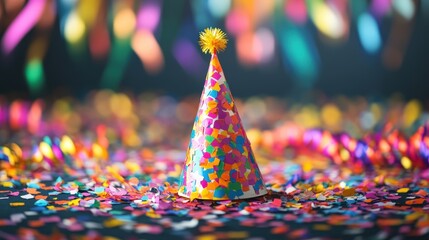 Obraz premium A vibrant party hat adorned with colorful confetti sitting amidst bright streamers on a celebratory background