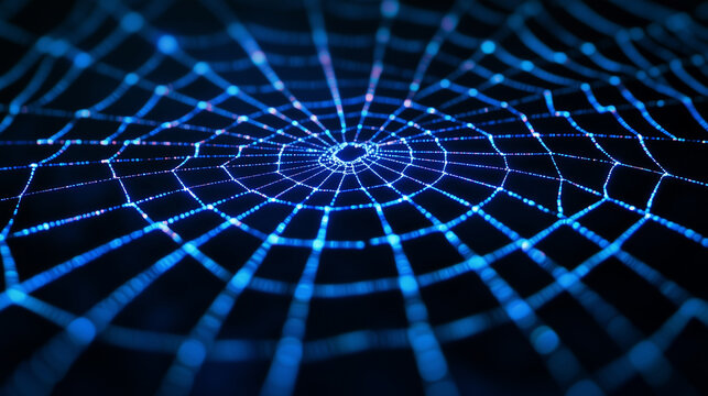 A close-up of a glowing, neon blue spider web against a dark background, showcasing intricate details and creating a futuristic, digitalized atmosphere.