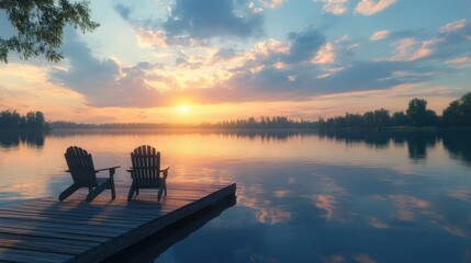 Sunset over calm lake with two wooden chairs on a dock surrounded by trees and colorful clouds in late afternoon light