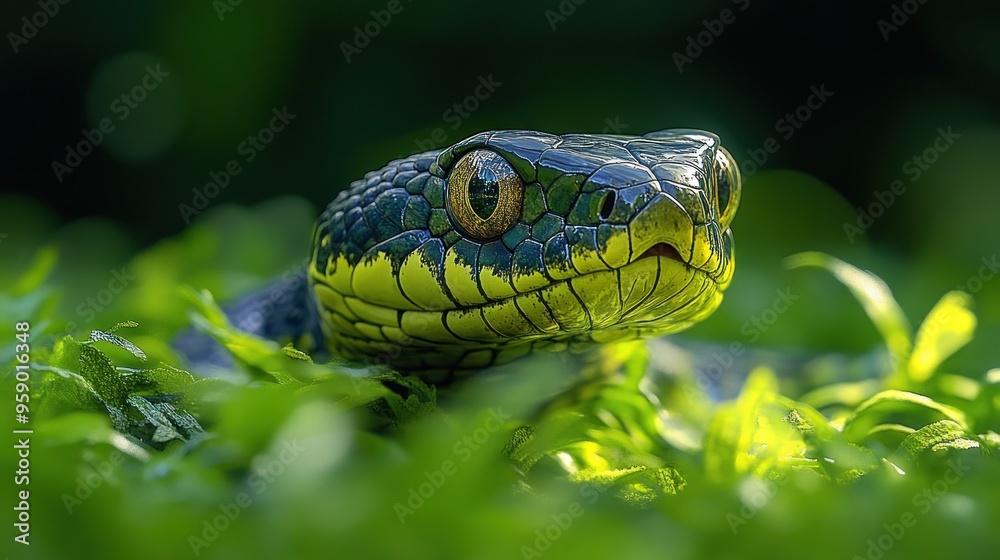 Sticker Close-up of a Green Snake in the Grass