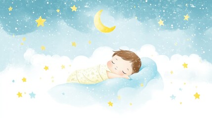 A peaceful sleeping child surrounded by fluffy clouds and stars during a serene nighttime setting