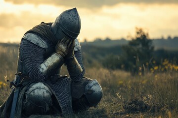 A knight is kneeling in a field, looking down, generative ai image