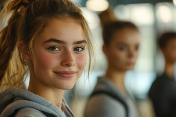 Obraz premium Energetic group of young adults engaging in fitness exercises in a modern gym during a vibrant evening workout session