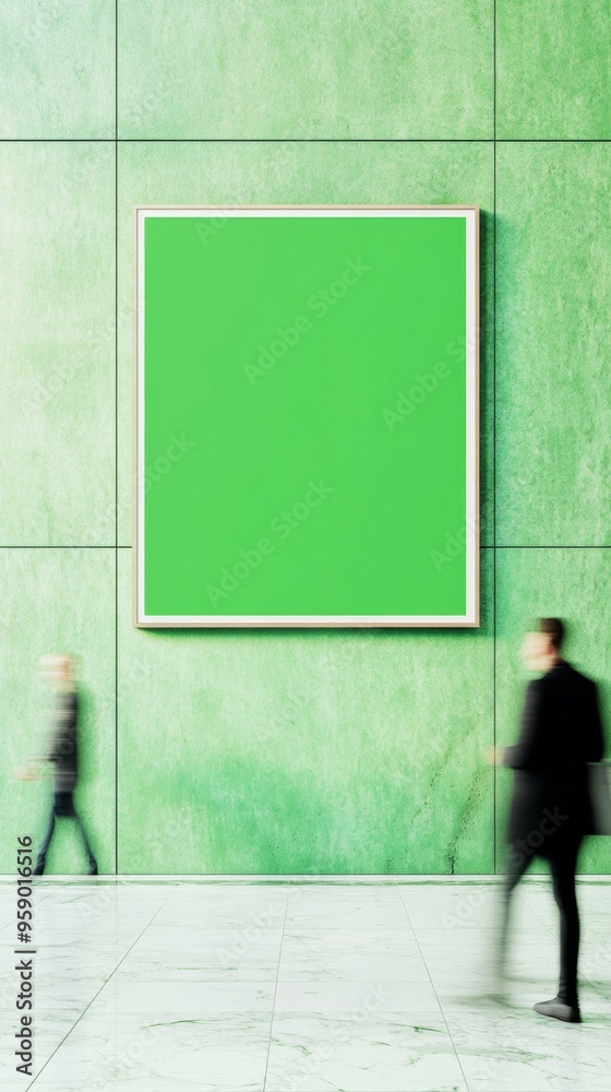 Poster dynamic indoor setting with motion blur of people passing by a minimalist monochromatic pastel green