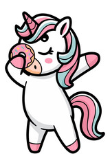 A cartoon illustration of a pink unicorn is holding a doughnut in its hooves.