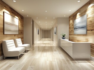 A sleek hallway in a medical facility features inviting seating and elegant decor