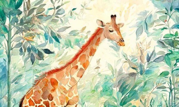 A watercolor painting of a gentle giraffe reaching for leaves high up in a tree, its long neck gracefully stretching towards the sky. Video