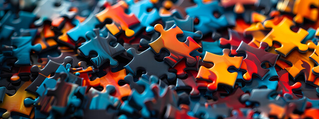 A vibrant pile of interlocking puzzle pieces in bold colors, showcasing a mix of blue, orange, and black tones.