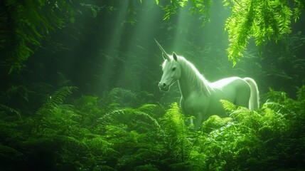 A majestic white unicorn stands in a lush green forest, bathed in sunlight.  Its horn gleams, and its mane flows in the gentle breeze.