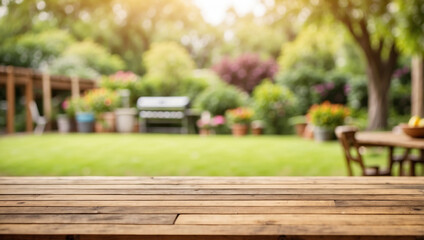The empty wooden table top with blur background of garden with grill BBQ