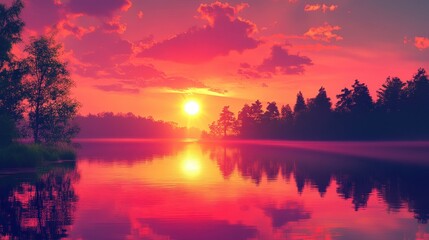 Obraz premium Serene sunset over a tranquil lake surrounded by lush trees reflecting vibrant colors in the sky at dusk