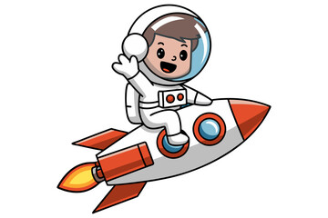 A cartoon illustration of a cute astronaut riding a rocket and waving his hand © afrozak