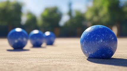 Vibrant Blue Bocce Balls Close-up on Sand Court - Hyper-realistic 3D Rendering with High Detail and...