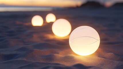 Radiant Glowing White Volleyballs Close-Up on Beach - Hyper-Realistic 3D Rendering with High Detail...