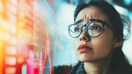 A focused woman examines financial data with graphs and charts, showcasing concentration and analytical thought in a modern environment.