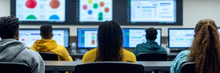 Diverse Young Researchers Analyzing Epidemic Data in Classroom, Engaging in Urgent Late-Afternoon Discussion