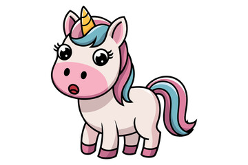 A cartoon illustration of a pink unicorn is holding a doughnut in its hooves.