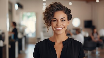 Happy woman standing confidently in her beauty salon, dressed in a black shirt with her hair in a neat bun. Perfect for showcasing small business ownership, entrepreneurship, or beauty industry themes