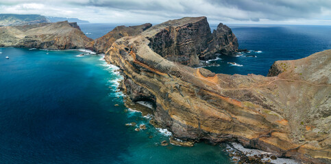 Drone aerial photography of Ponta de São Lourenço (Point of Saint Lawrence) - the easternmost point of the Madeira Island