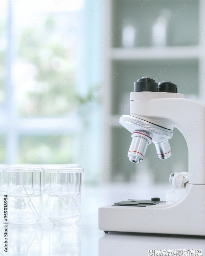 Poster intense focus on scientific research in a modern laboratory - close-up of microscope and monkeypox v