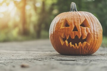 Eerie Halloween Pumpkin Carving with Virus Particle Design, Outdoor Setting, Daytime