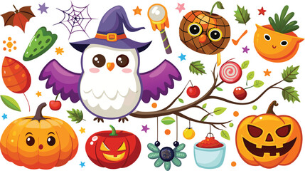 Cute Halloween holiday set - ghost, owl, pumpkin, star, candy, berry, branch, scary face, garland, witch hat, bat, moon, spider, web, jack o lantern isolated on white background. Vector illustration