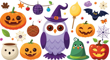 Fototapeta premium Cute Halloween holiday set - ghost, owl, pumpkin, star, candy, berry, branch, scary face, garland, witch hat, bat, moon, spider, web, jack o lantern isolated on white background. Vector illustration