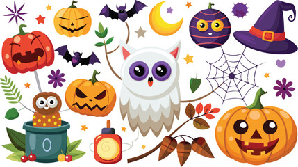 Cute Halloween holiday set - ghost, owl, pumpkin, star, candy, berry, branch, scary face, garland, witch hat, bat, moon, spider, web, jack o lantern isolated on white background. Vector illustration