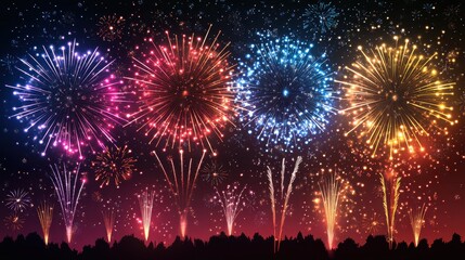 Colorful fireworks illuminate the night sky, creating a stunning display of light and celebration in a festive atmosphere.