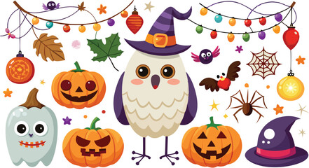Cute Halloween holiday set - ghost, owl, pumpkin, star, candy, berry, branch, scary face, garland, witch hat, bat, moon, spider, web, jack o lantern isolated on white background. Vector illustration