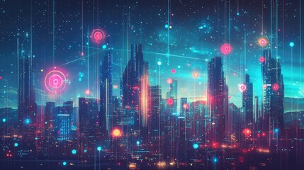 Obraz premium A vibrant, futuristic cityscape with glowing elements and a starry sky.