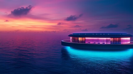 A modern floating bar with neon lights against a vibrant sunset sky. The water glows blue beneath the structure.