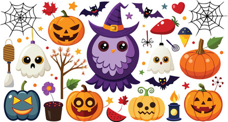 Cute Halloween holiday set - ghost, owl, pumpkin, star, candy, berry, branch, scary face, garland, witch hat, bat, moon, spider, web, jack o lantern isolated on white background. Vector illustration
