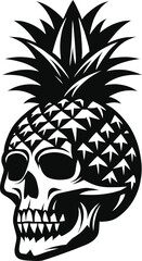 Pineapple skull. Funny abstract art. Black vector engraving illustration, print, tattoo sketch,