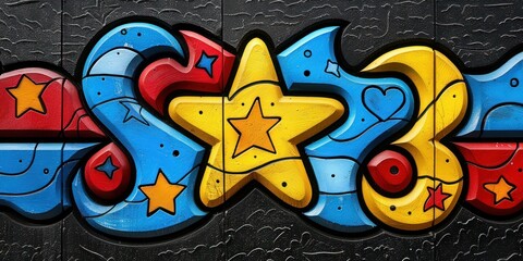 Obraz premium Yellow star, blue heart, and abstract designs on black wall