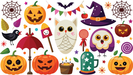 Cute Halloween holiday set - ghost, owl, pumpkin, star, candy, berry, branch, scary face, garland, witch hat, bat, moon, spider, web, jack o lantern isolated on white background. Vector illustration