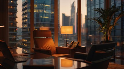Fototapeta premium A modern office with large windows overlooking a city skyline. The room is furnished with a leather armchair, a lamp, and a desk.