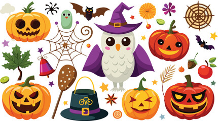 Cute Halloween holiday set - ghost, owl, pumpkin, star, candy, berry, branch, scary face, garland, witch hat, bat, moon, spider, web, jack o lantern isolated on white background. Vector illustration