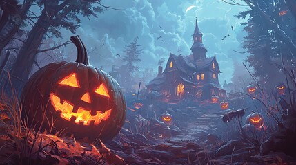 Spooky Halloween scene with glowing pumpkin and haunted house in the background, perfect for seasonal decorations or events.
