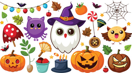 Cute Halloween holiday set - ghost, owl, pumpkin, star, candy, berry, branch, scary face, garland, witch hat, bat, moon, spider, web, jack o lantern isolated on white background. Vector illustration