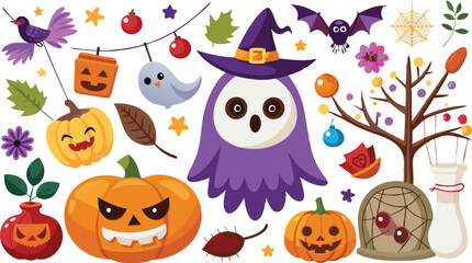 Naklejka premium Cute Halloween holiday set - ghost, owl, pumpkin, star, candy, berry, branch, scary face, garland, witch hat, bat, moon, spider, web, jack o lantern isolated on white background. Vector illustration