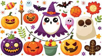 Cute Halloween holiday set - ghost, owl, pumpkin, star, candy, berry, branch, scary face, garland, witch hat, bat, moon, spider, web, jack o lantern isolated on white background. Vector illustration