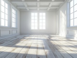 Sunlight Streaks Through Windows onto Whitewashed Wood Floor in Empty Room with Coffered Ceiling