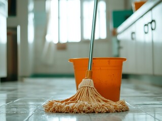 A mop and bucket in a clean kitchen ready for cleaning.