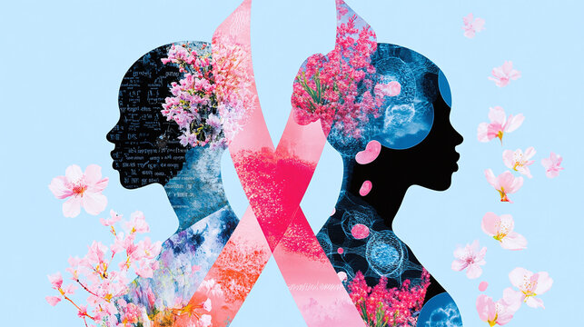 breast cancer awareness, digital collage of pink ribbon intertwined with silhouettes of diverse women, medical imagery like mammograms and microscopic cells