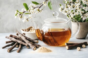 Fototapeta premium A tea pot with a tea bag in it sits on a table with sticks and a vase of flowers, generative ai image