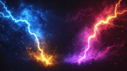 Dynamic lightning bolts in vibrant colors illuminate a dark sky, creating an electrifying atmosphere of energy and power.