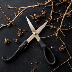 Obraz premium A pair of black handled shears lie crossed on a dark background, surrounded by dried twigs and leaves.